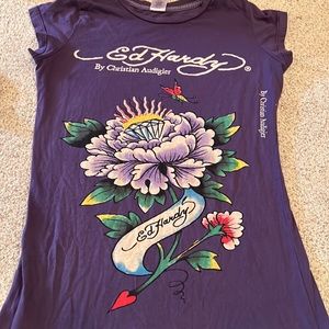 NWOT Ed Hardy purple slim tunic flower small